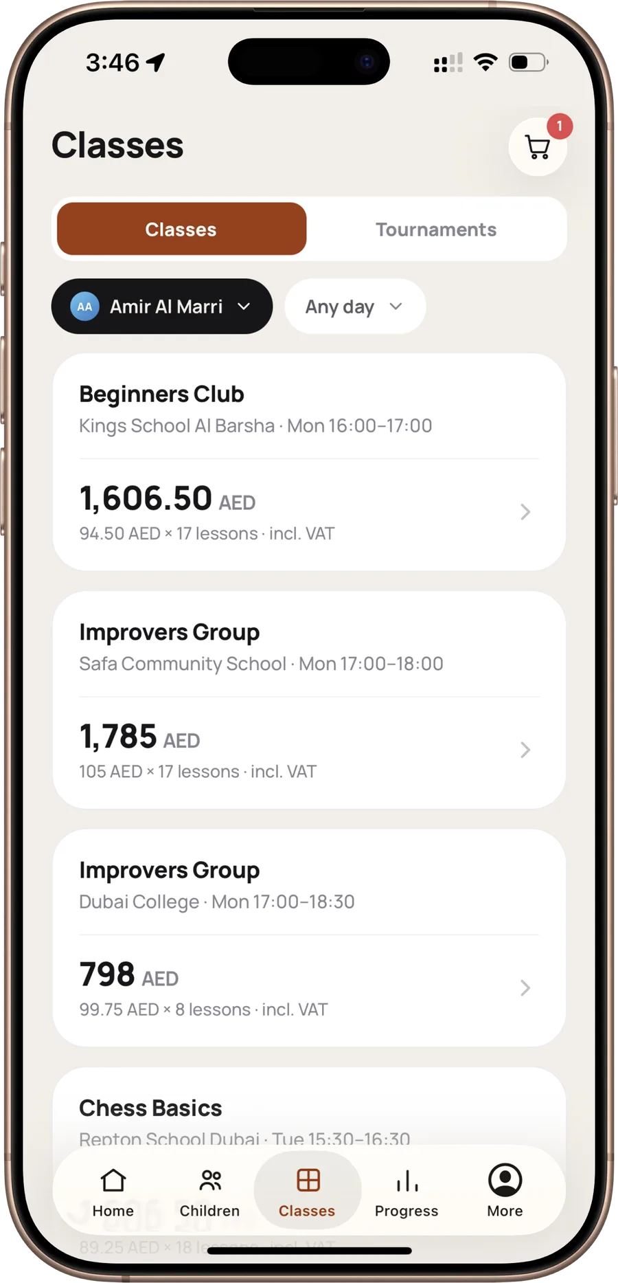 The Classes screen, listing available groups with the price for the term.