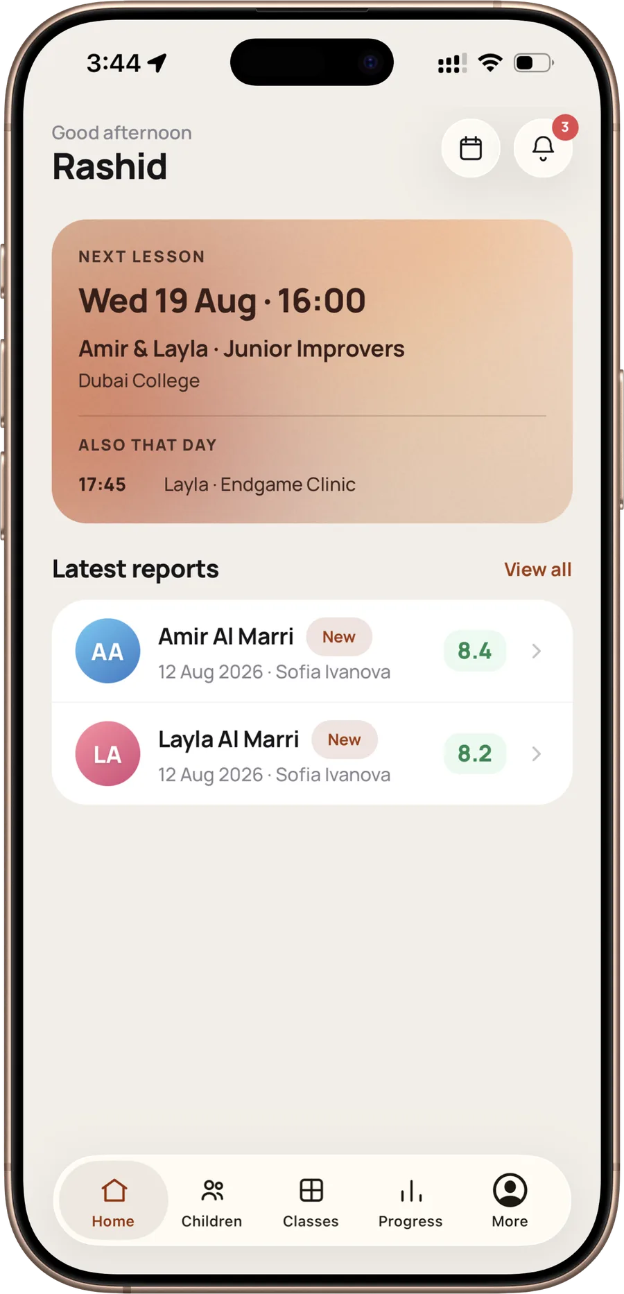 The CK Academy home screen, showing the next lesson and the latest reports for two children.