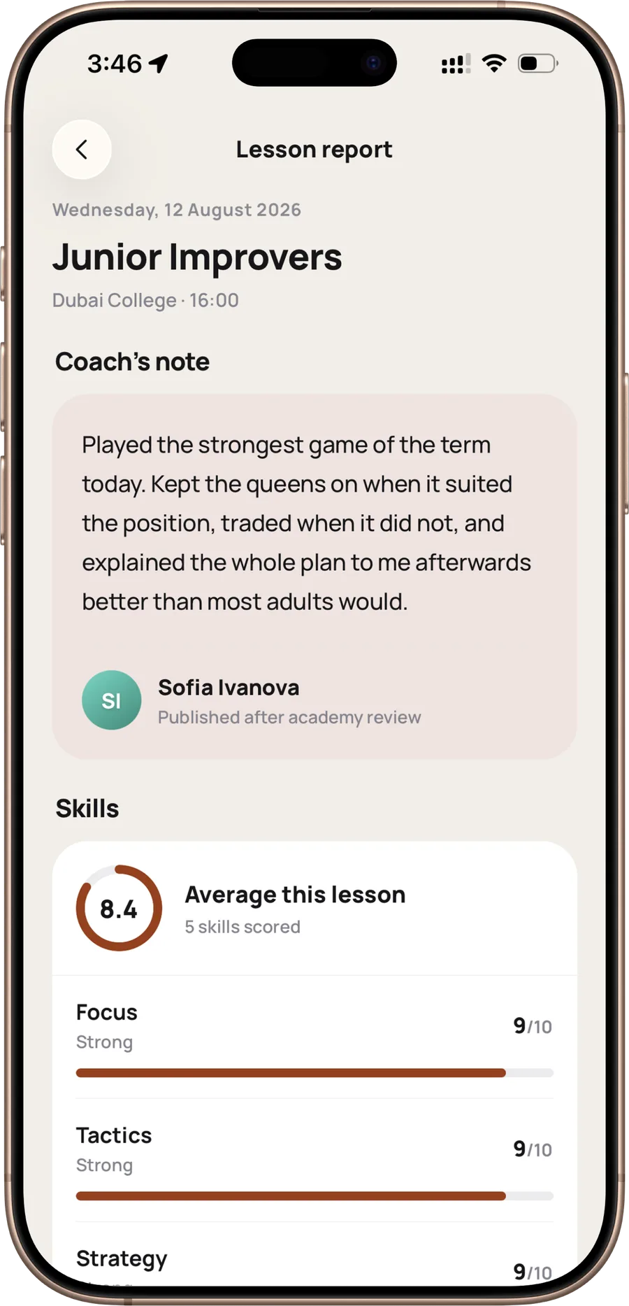 A lesson report: the coach's note, and a score for each skill.